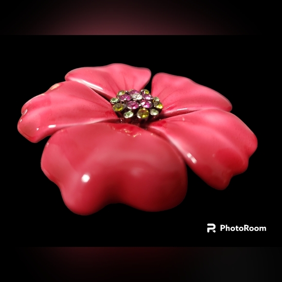 Flower brooch red petals with pink and green rhinestones. Gold tone, vin… - Picture 1 of 6